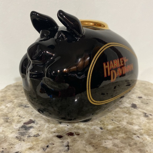 Vintage 2002 Harley Davidson High Shine Black Gold Road Hog Ceramic Piggy Bank - Picture 8 of 14